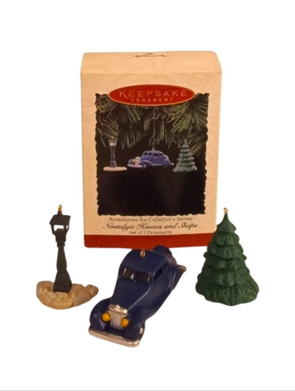 Keepsake Ornament Nostalgic Houses And Shops Set 3 with Car, Tree, and Lamp Post